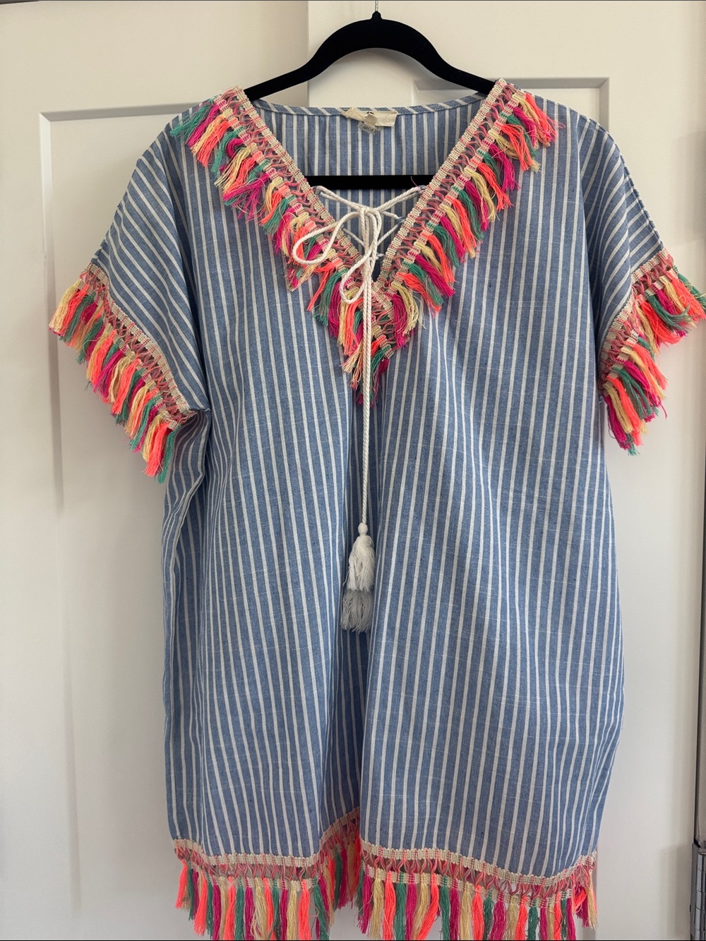 entro Blue and White Striped Swim Coverup with Neon Tassel Fringe